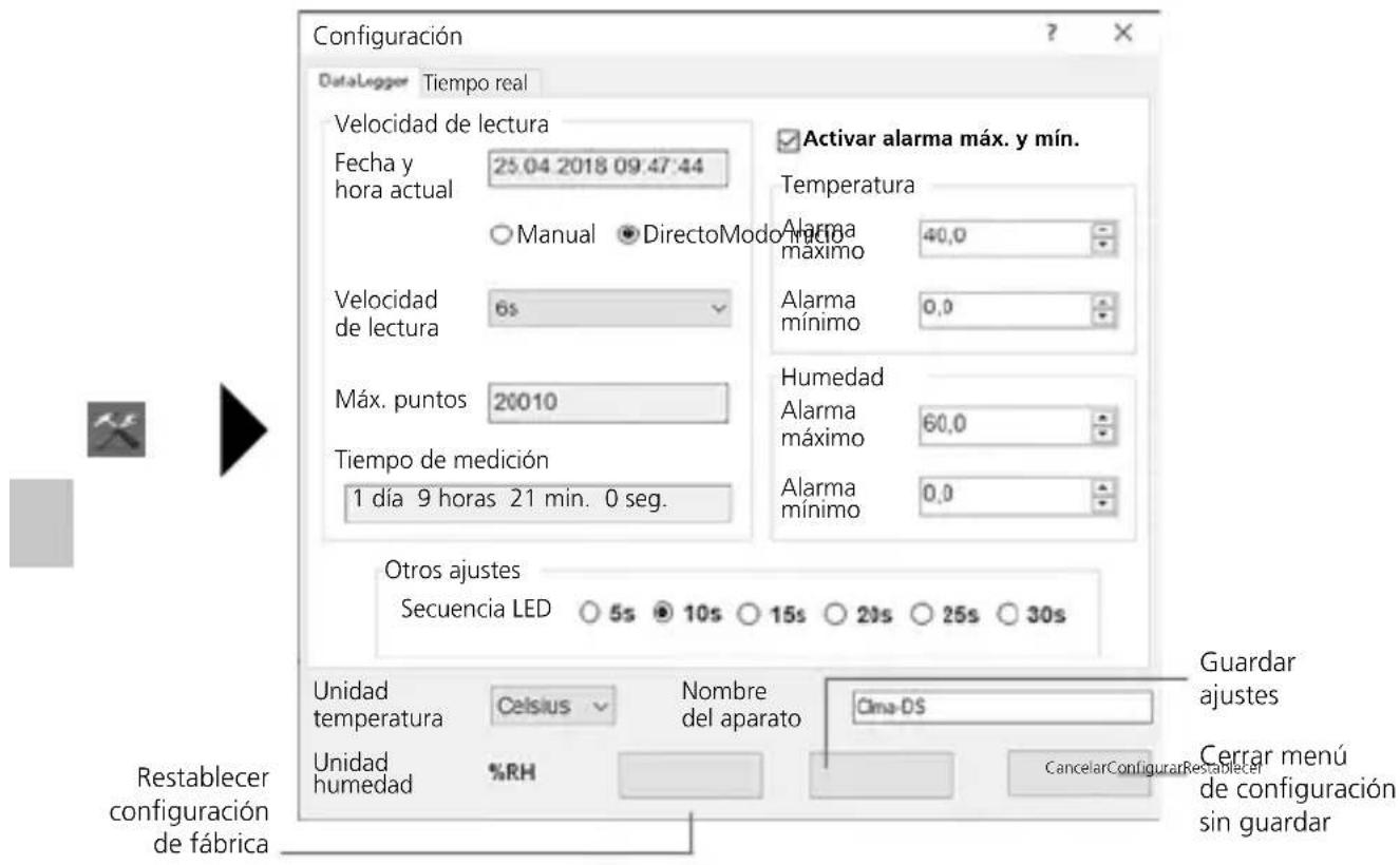 Configuración DataLogger Tiempo real Velocidad de lectura Fecha y hora actual 25.04 2018 09:47:44 Manual Directo Modo Mérda Velocidad de lectura 6s Máx. puntos 20010 Tiempo de medición 1 día 9 horas 21 min. 0 seg. Activar alarma máx. y mín. Temperatura Alarma máximo 40,0 Alarma mínimo 0,0 Humedad Alarma máximo 60,0 Alarma mínimo 0,0 Otros ajustes Secuencia LED 5s 10s 15s 20s 25s 30s Unidad temperatura Celsius Nombre del aparato Cima-DS Unidad humedad %RH Cancelar Configurar Restablecer Restablecer configuración de fábrica Guardar ajustes Cerrar menú de configuración sin guardar