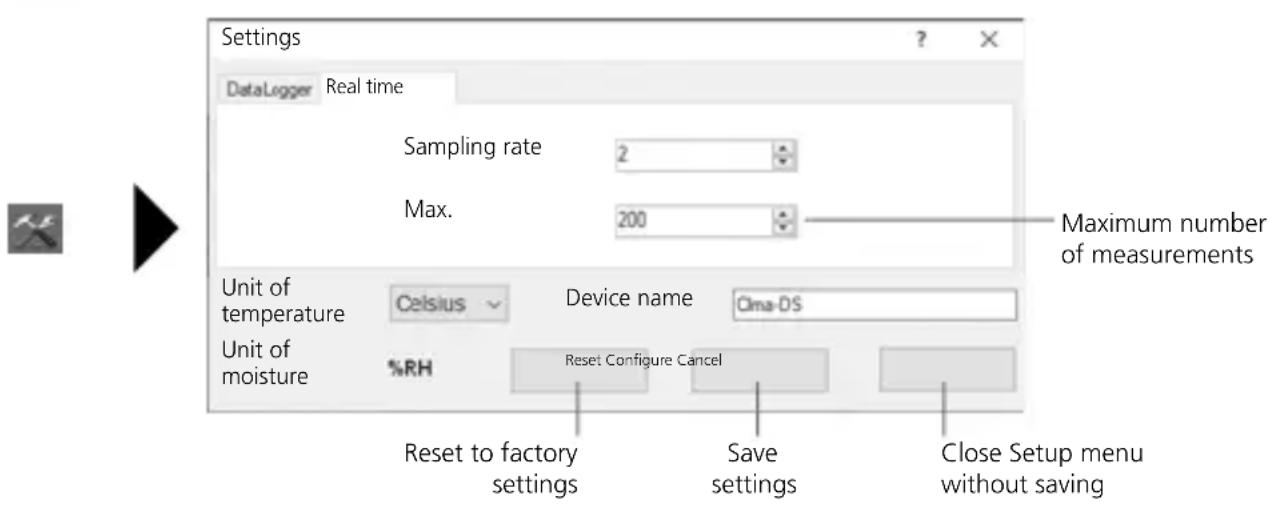 Settings DataLogger Real time Sampling rate 2 Max. 200 Unit of temperature Celsius Device name Oma-DS Unit of moisture %RH Reset Configure Cancel Reset to factory settings Save settings Close Setup menu without saving