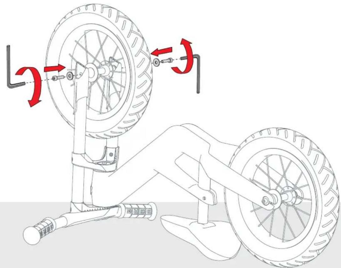 Technical diagram showing bicycle steering wheel assembly with red directional arrows indicating rotation or adjustment.