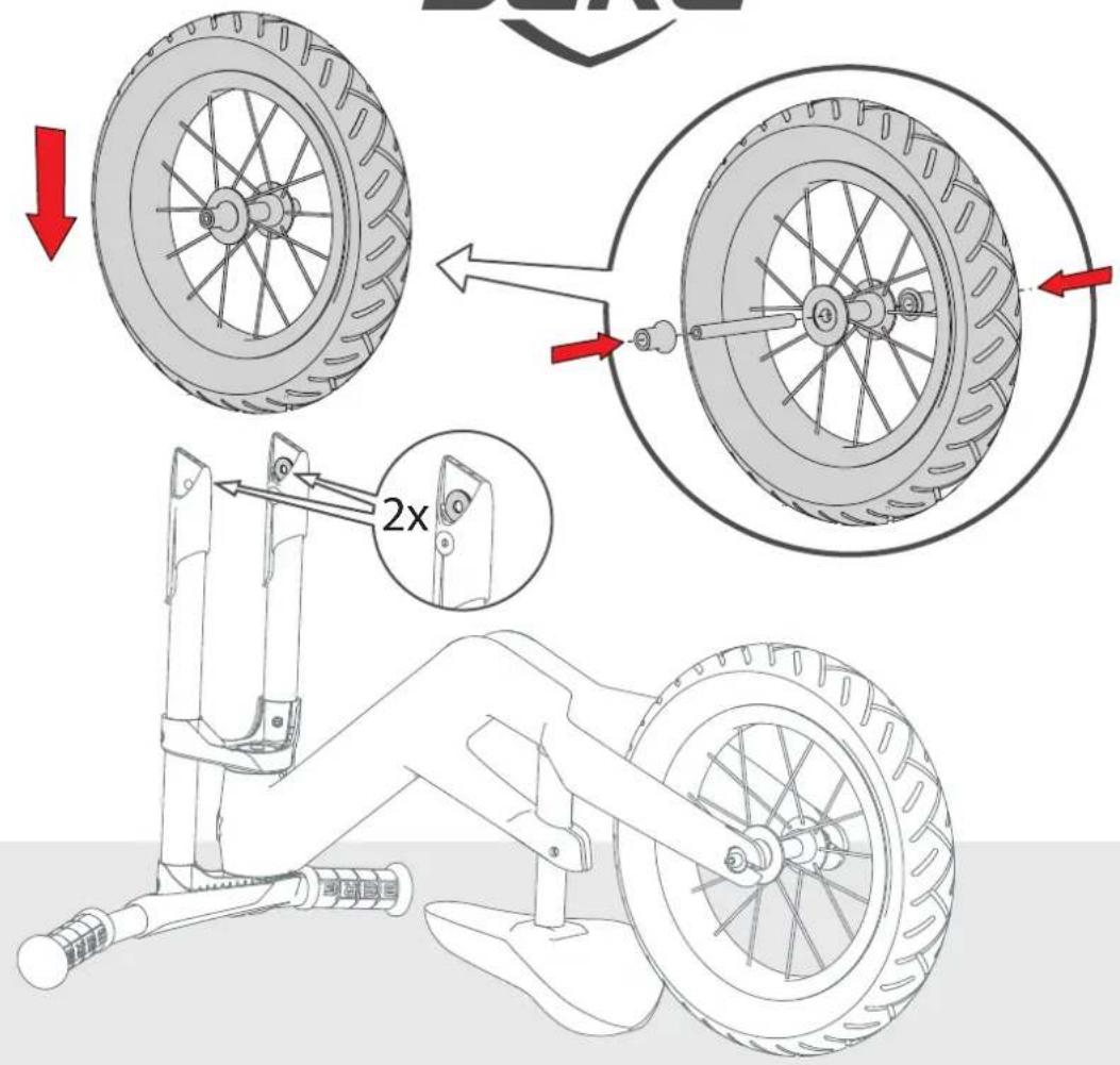 Technical diagram illustrating bicycle wheel assembly with labeled components and motion arrows