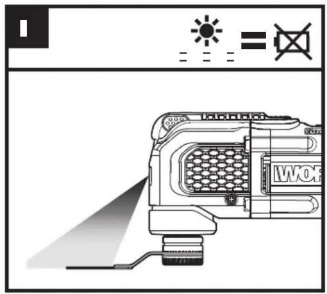 Diagram of a device with sun icon and crossed-out symbol, showing front view and internal components with label 'WOR'