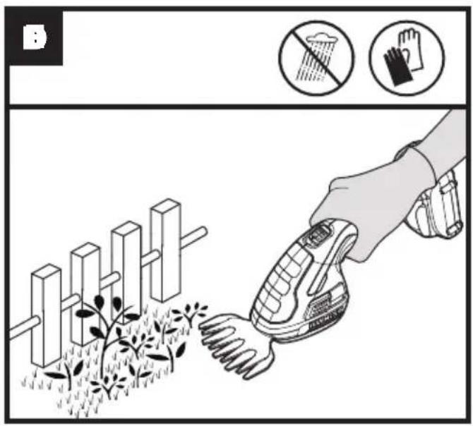 Illustration showing a hand using a power tool to clean plant plants, with icons indicating no litter and gloves.