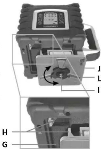 Technical diagram of a device with labeled parts (I, J, L, H, G) and internal components, likely for assembly or maintenance instructions.