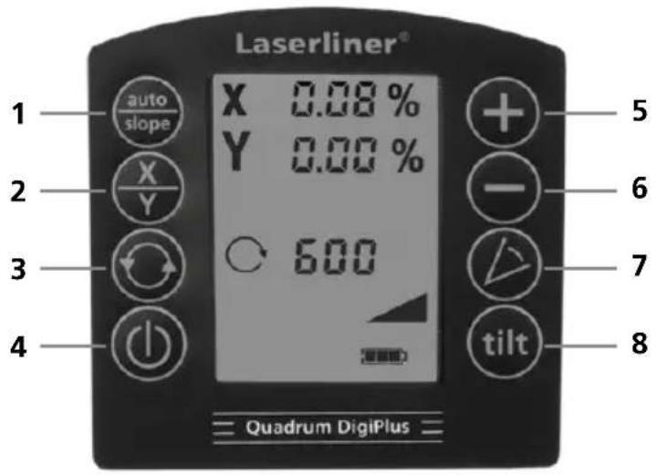 Laserliner® 1 auto slope X 0.08 % 2 Y 0.00 % 3 ○ 600 4 tilt Quadrum DigiPlus