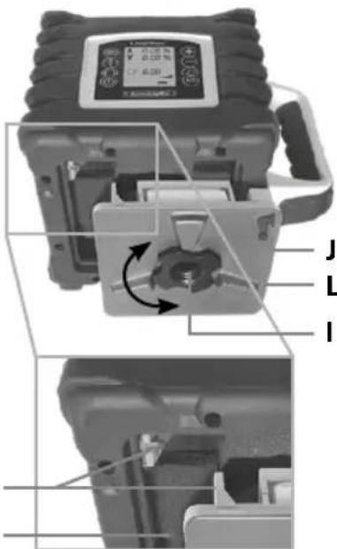 Technical diagram of a device with labeled components and directional arrows indicating assembly or operation.