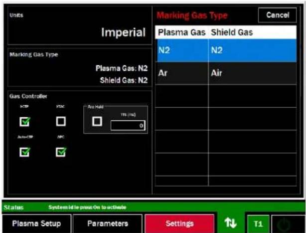 LINCOLN ELECTRIC Fineline Arc Start Console - Réglages > type de gaz de marquage - 1