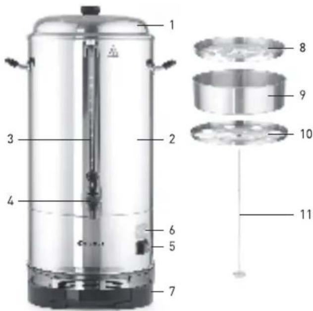 Labeled diagram of a coffee maker with numbered parts and exploded view