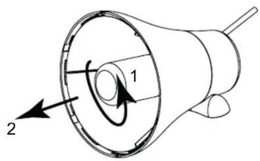 Technical diagram of a megaphone with labeled parts and directional arrows indicating motion or flow
