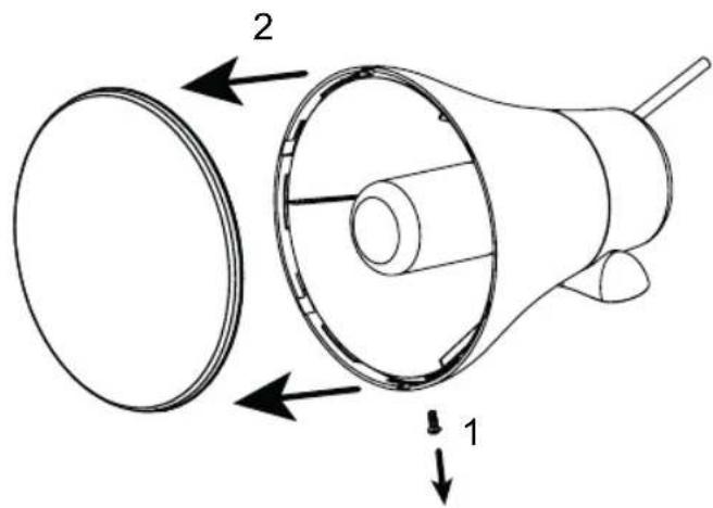 Technical diagram of a mechanical device with labeled parts 1 and 2, showing internal components and directional arrows.