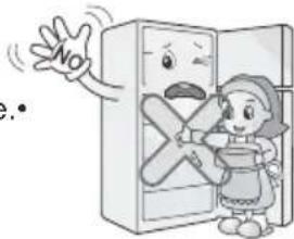Cartoon illustration showing a child holding a crossed-out refrigerator with a speech bubble and 'No' sign, suggesting no text or symbols.