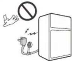 Safety warning illustration showing a refrigerator with a hand holding a device and a 'no' symbol above it.