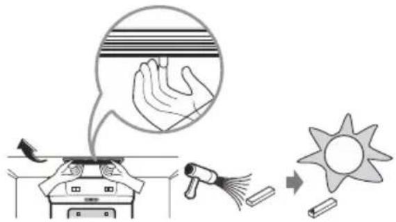 Diagram illustrating a hand gesture and impact technique with labeled components including a car, hand gesture, spray gun, sun, and battery.