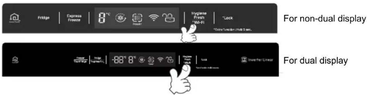Fridge | Express Freeze | 8 °C Hygiene Fresh Wi-Fi | Lock *Extra Function: Hub 3 sec. For non-dual display Fridge | Fridge Pressure, -88 °C 8 °C Hygiene Fresh Wi-Fi | Lock Inverter Linear For dual display