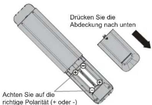 Drücken Sie die Abdeckung nach unten Achten Sie auf die richtige Polarität (+ oder -)