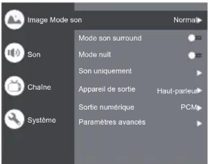Image Mode son Normal Son Mode son surround Mode nult Son uniquement Chaîne Appareil de sortie Haut-parleur Sortie numérique PCM Système Paramètres avancés