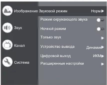 Изображение Звуковой режим Звук Ночной режим Только звук Устройство вывода Цифровой выход Расширенные настройки Норм Динамик ИКМ