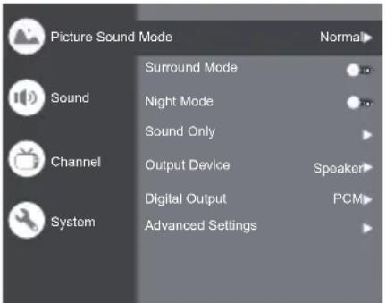 Picture Sound Mode Normal Surround Mode Sound Night Mode Sound Only Channel Output Device Speaker Digital Output PCM System Advanced Settings
