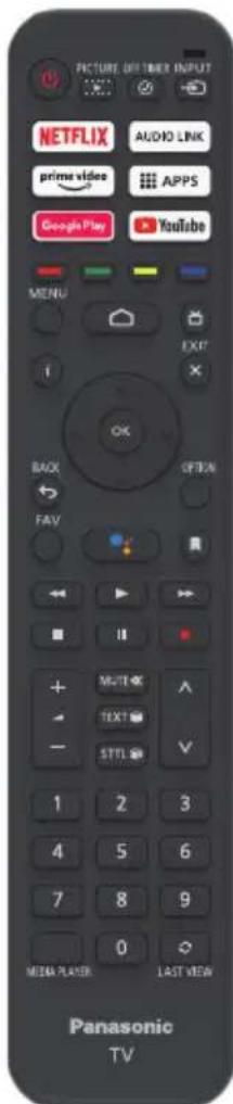 FACTURE OFFICER INPUT NETFLIX AUDIO LINK prime video APPS Google Play YouTube MENU EXIT BACK OPTION FAV Multi OK TEXT STTL 1 2 3 4 5 6 7 8 9 0 MEDIA PLAYER LAST VIEW Panasonic TV