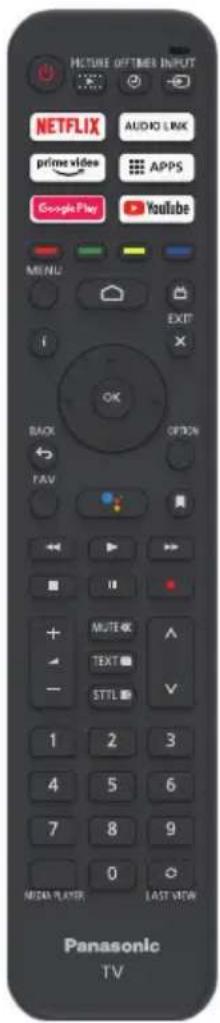 PICTURE OFFTIMES INPUT NETFLIX AUDIO LINK prime video APPS Google Play YouTube MENU EXIT BACK OPTION FAV MUTE OK TEXT ✓ STTL ✓ 1 2 3 4 5 6 7 8 9 0 MEDIA PLAYER LAST VIEW Panasonic TV