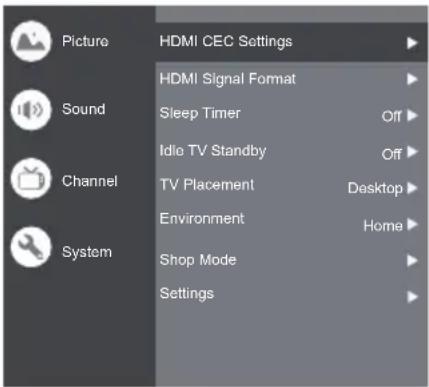 Picture Sound Channel System HDMI CEC Settings HDMI Signal Format Sleep Timer Idle TV Standby TV Placement Environment Shop Mode Settings Off Off Desktop Home