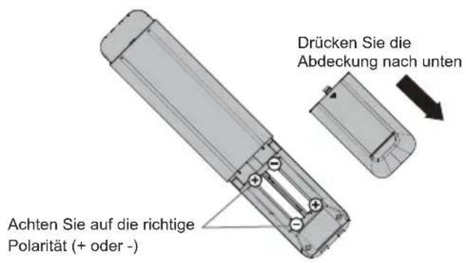 Drücken Sie die Abdeckung nach unten Achten Sie auf die richtige Polarität (+ oder -)