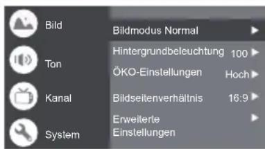 Bild Ton Kanal System Bildmodus Normal Hintergrundbeleuchtung 100 ÖKO-Einstellungen Hoch Bildseitenverhältnis 16:9 Erweiterte Einstellungen