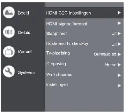 Beeld Geluid Kanaal Systeem HDMI CEC-instellingen HDMI-signaalformaat Slaaptimer Ruststand tv stand-by Tv-plaatsing Omgeving Winkelmodus Instellingen Uit Uit Bureaublad Home