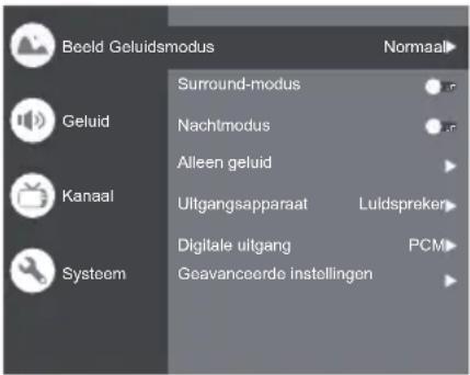 Beeld Geluidsmodus Surround-modus Geluid Nachtmodus Alleen geluid Kanaal Uitgangsapparaat Luidspreken Digitale uitgang PCM Systeem Geavanceerde instellingen