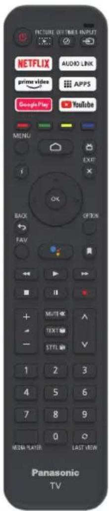 PICTURE OFF TIME INPUT NETFLIX AUDIO LINK prime video APPS Google Play Youtube MENU EXIT BACK FAV NEXT NEXT Multi TEXT STTL 1 2 3 4 5 6 7 8 9 0 MEDIA PLAYER LAST VIEW Panasonic TV