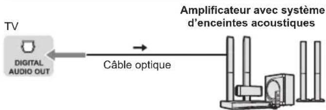 graph LR A["TV"] --> B["Digital Audio Out"] B --> C["Câble optique"] C --> D["Amplificateur avec système d'enceintes acoustiques"]