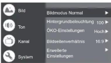 Bild Ton Kanal System Bildmodus Normal Hintergrundbeleuchtung 100 ÖKO-Einstellungen Hoch Bildseitenverhältnis 16:9 Erweiterte Einstellungen