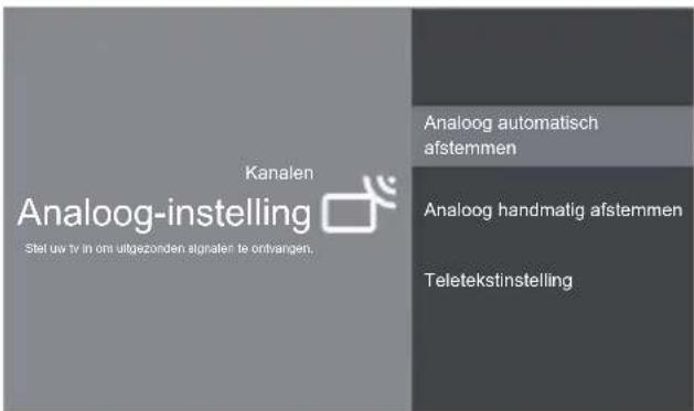 Kanalen Analoog-instelling Stel uv tv in om uitgezonden signalen te ontvangen. Analoog automatisch afstemmen Analoog handmatig afstemmen Teletekstinstelling