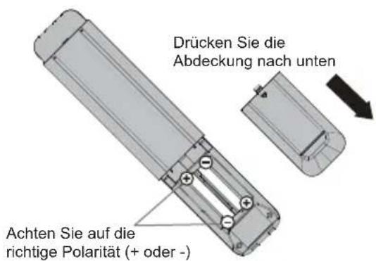 Drücken Sie die Abdeckung nach unten Achten Sie auf die richtige Polarität (+ oder -)