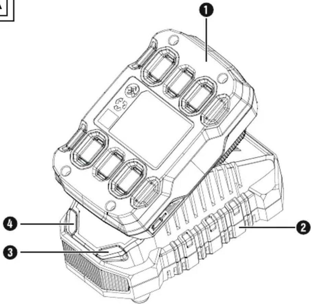 Technical diagram of a mobile phone casing with numbered parts labeled 1, 2, 3, and 4