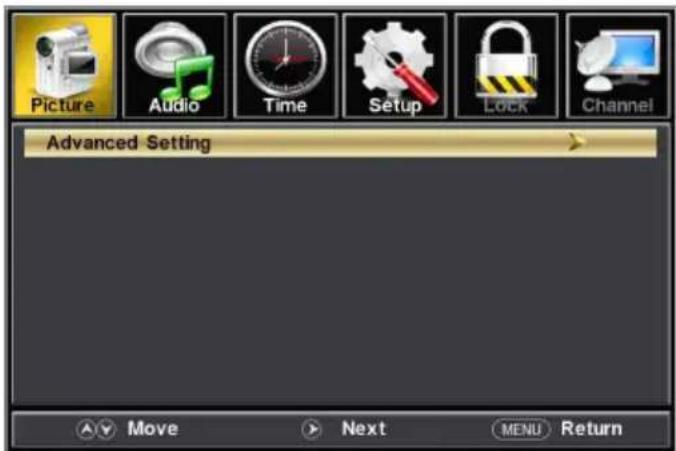 Picture Audio Time Setup Lock Channel Advanced Setting Move Next MENU Return
