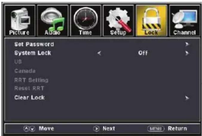 Picture Audio Time Setup Lock Channel Set Password System Lock Off US Canada RRT Setting Reset RRT Clear Lock Move Next MENU Return