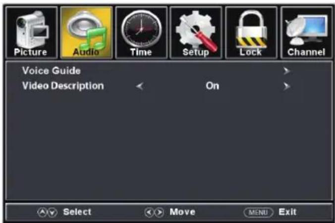 Picture Audio Time Setup Lock Channel Voice Guide Video Description On Select Move MENU Exit