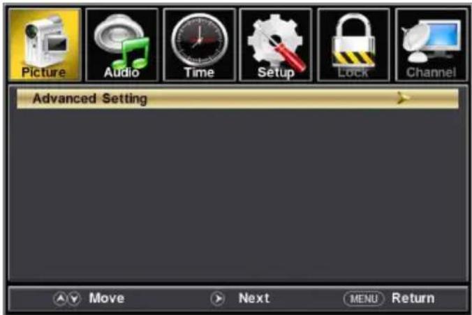 Picture Audio Time Setup Lock Channel Advanced Setting Move Next MENU Return