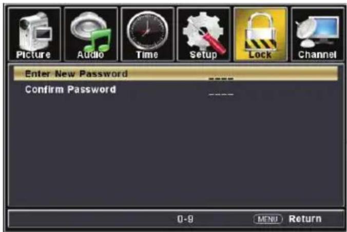 Picture Audio Time Setup Lock Channel Enter New Password Confirm Password 0-9 MENU Return