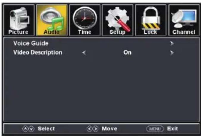 Picture Audio Time Setup Lock Channel Voice Guide Video Description On Select Move MENU Exit