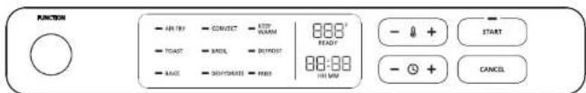 FUNCTION → AIR TAY → CONNECT → STOP WARM → TOAST → BANIL → SWITCH → BASE → SWITCHATE → REDS 888° READY 88:88 FIU VAM - ↓ + - START - ⓞ + CANCEL