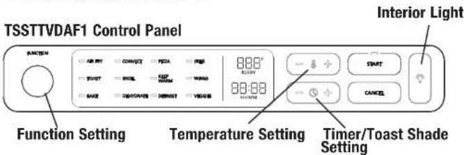 TSSTTVDAF1 Control Panel Function Setting Temperature Setting Timer/Toast Shade Setting Interior Light FUNCTION AB PHY CONJECT PECA PBS START 888° ACZY 88:88 SINEMA START CANCEL Function Light