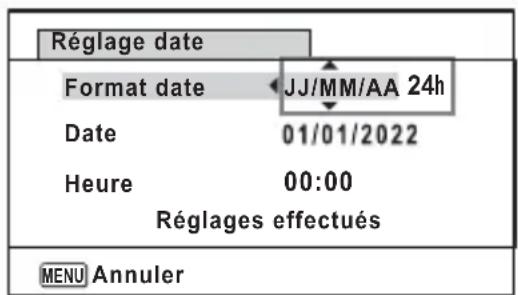 Réglage date Format date JJ/MM/AA 24h Date 01/01/2022 Heure 00:00 Réglages effectués MENU Annuler