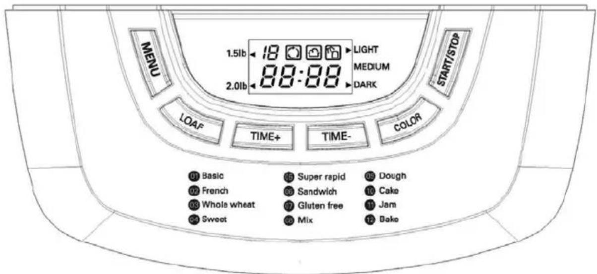 MENU 1.5lb 18 LIGHT 2.0lb MEDIUM DARK START/STOP LOAF TIME+ TIME- COLOR 01 Basic 02 French 03 Whole wheat 04 Sweet 15 Super rapid 16 Sandwich 17 Gluten free 18 Mix 09 Dough 10 Cake 11 Jam 12 Bake