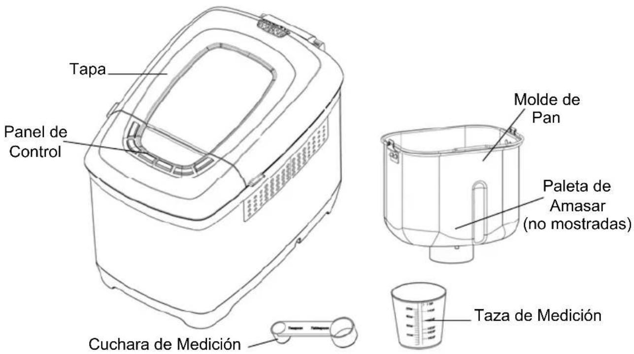 Tapa Panel de Control Molde de Pan Paleta de Amasar (no mostradas) Cuchara de Medición Taza de Medición