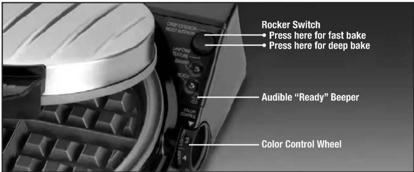 Rocker Switch Press here for fast bake Press here for deep bake Uniform TEXTURE BAKRY READY Audible "Ready" Beeper Color Control Wheel