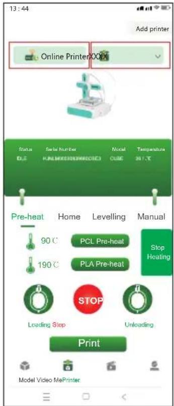 13:44 Add printer Online PrinterXXX Status Save Number Model Temperature 0.5 RUN/MOD/SPR/SPR/C UBE 207.0°C Pre-heat Home Levelling Manual 90°C PCL Pre-heat Stop 190°C PLA Pre-heat Heating STOP Loading Stop Unloading Print Model Video MePrinter