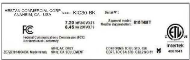 Hestan KIC30MS - RATING LABEL - 1