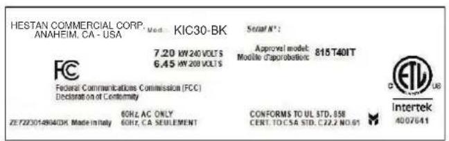 Hestan KIC36MS - RATING LABEL - 1