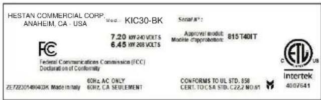 Hestan KIC36MS - PLAQUE SIGNALÉTIQUE - 1